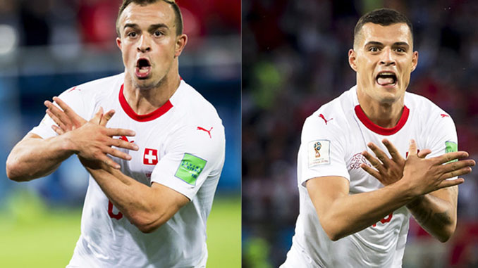 Shaqiri y Xhaxa celebrando un gol de Suiza con el "Águila bicéfala" de Albania - Odio Eterno Al Fútbol Moderno