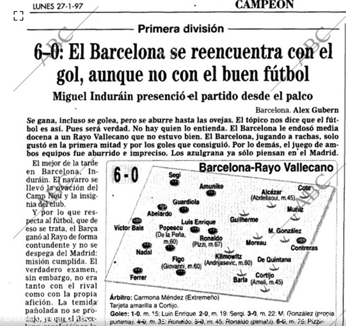 Crónica del Barcelona vs Rayo Vallecano de 1997 en ABC - Odio Eterno Al Fútbol Moderno