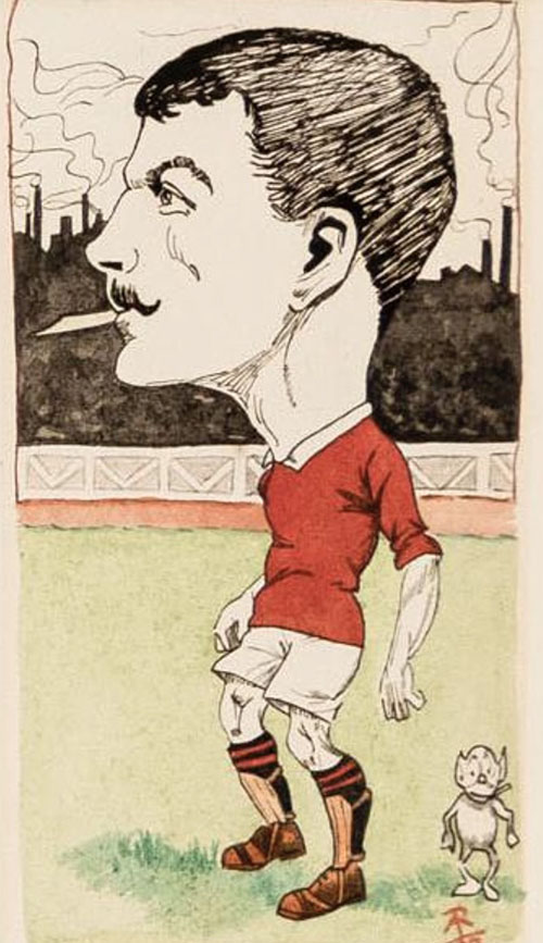 Caricatura de Billy Meredith con su característico palillo en la boca - Odio Eterno Al Fútbol Moderno Caricatura de Billy Meredith con su característico palillo en la boca - Odio Eterno Al Fútbol Moderno
